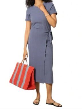 Evereve Anna Twist Cotton Faux Wrap T-Shirt Dress, Midi, Ribbed - Womens Small
